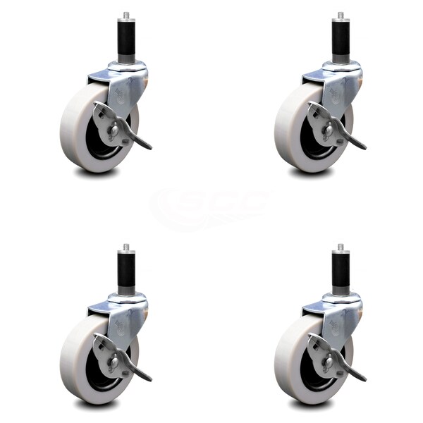 3 Inch Thermoplastic Wheel 1-1/8 Inch Expanding Stem Caster with Brakes, 4PK